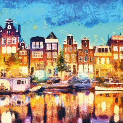 Op deze wenskaart staat de binnenstad van Amsterdam met een gracht, woonboten en de welbekende herenhuizen.