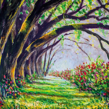 Op deze wenskaart staat de rand van een bos waar de bomen overlopen in een bloemenveld. 