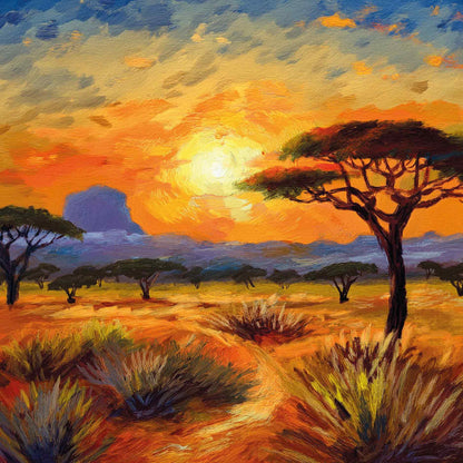 Op deze wenskaart staat de savanne afgebeeld met een ondergaande zon.