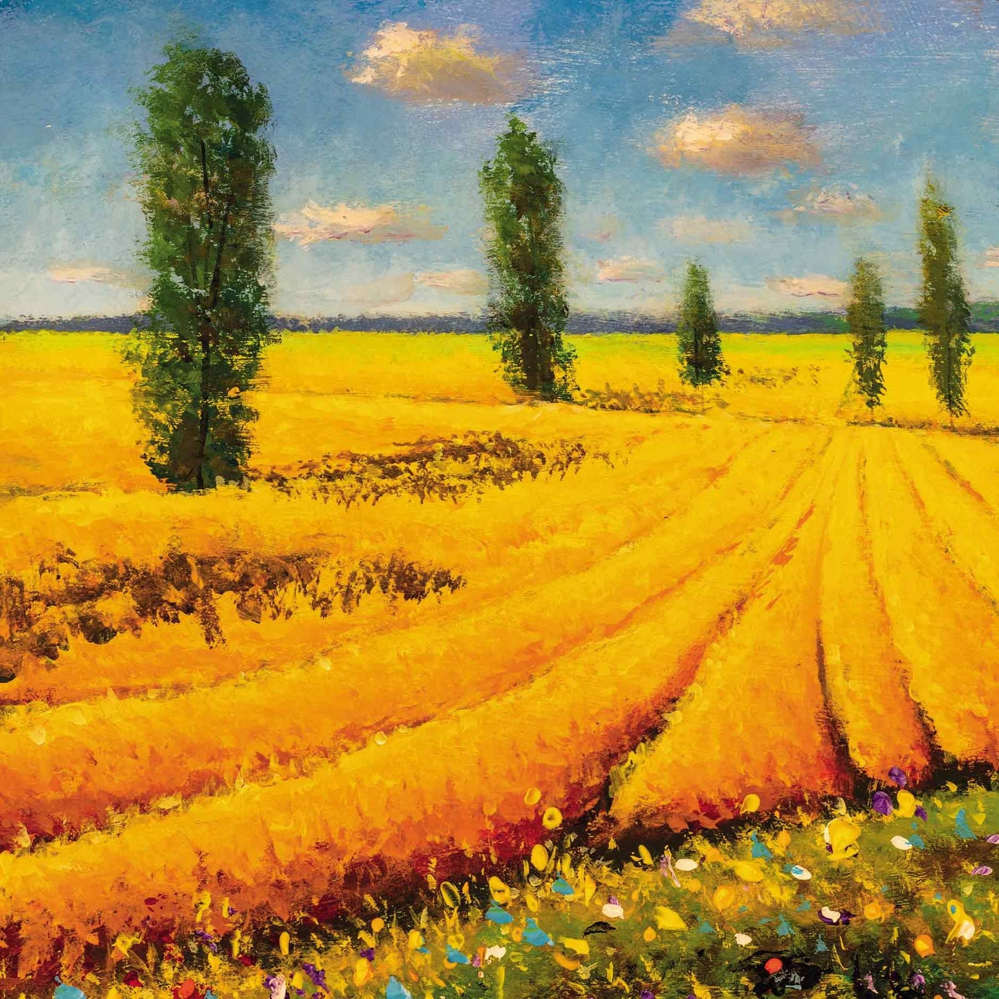 Op deze wenskaart staan gele bloemenvelden.