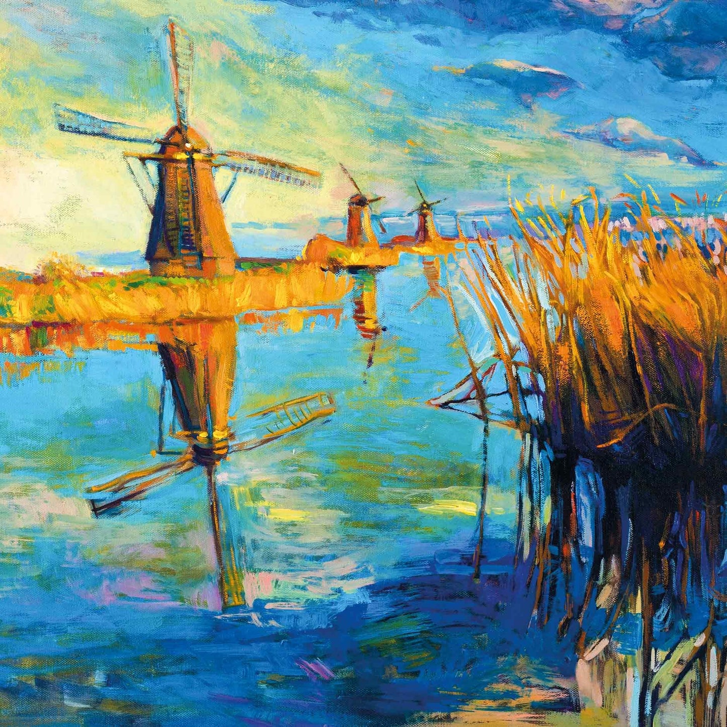 Op deze wenskaart staat een molen landschap met een rivier en drie molens. 