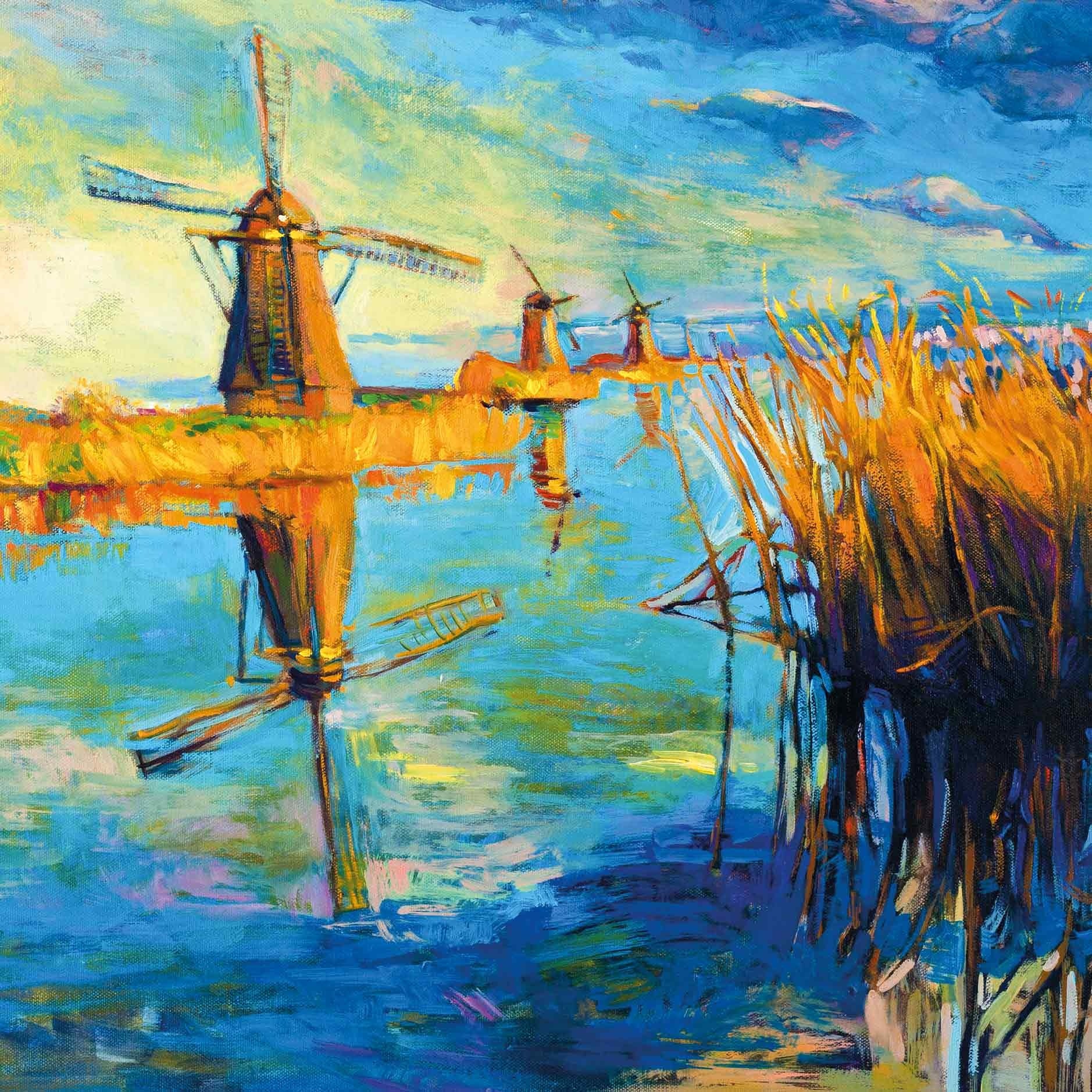 Op deze wenskaart staat een molen landschap met een rivier en drie molens. 