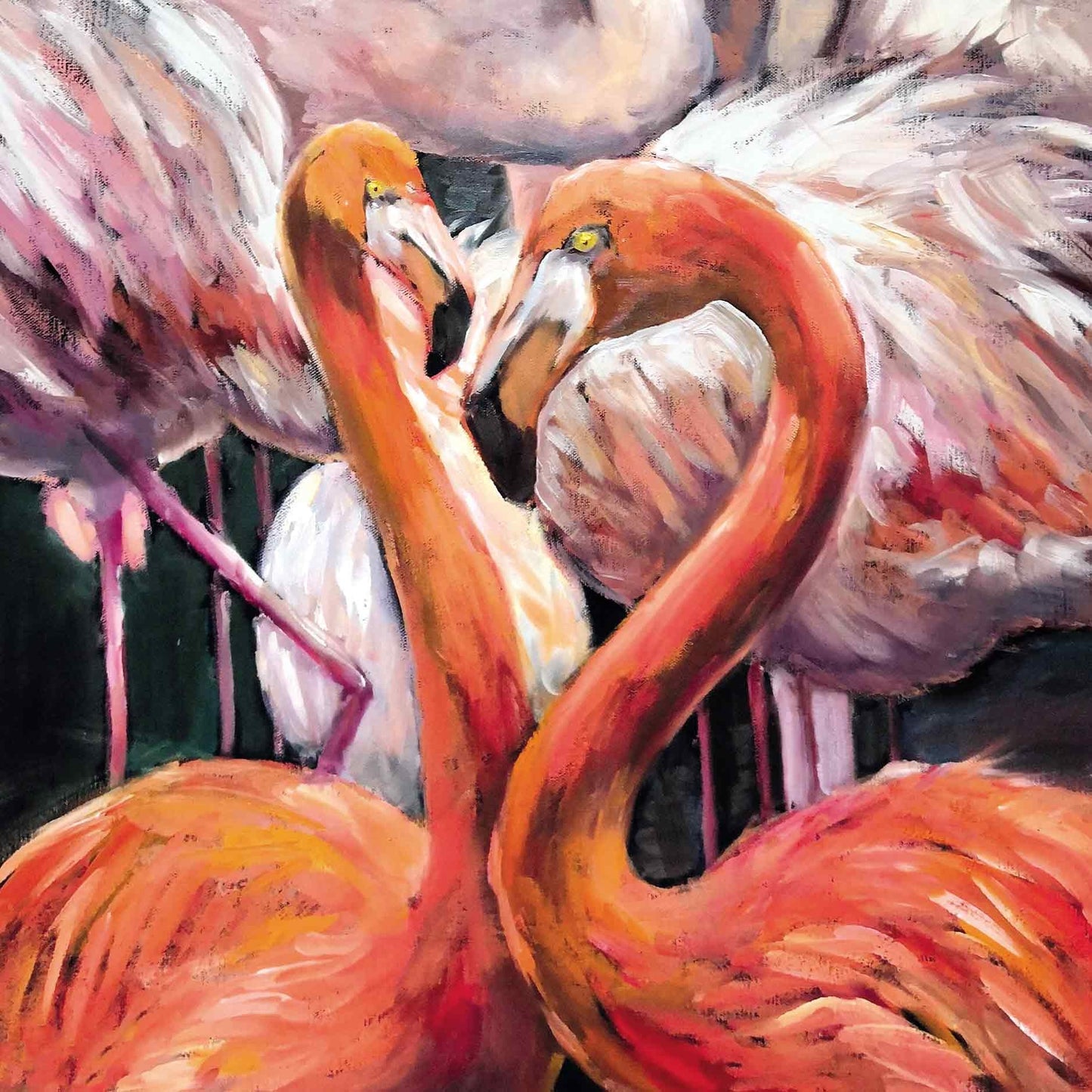 Op deze wenskaart staan flamingo's.