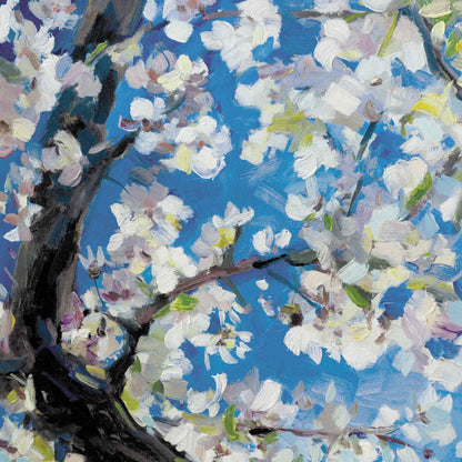 Op deze wenskaart staat een kersenbloesemboom met witte bladeren.