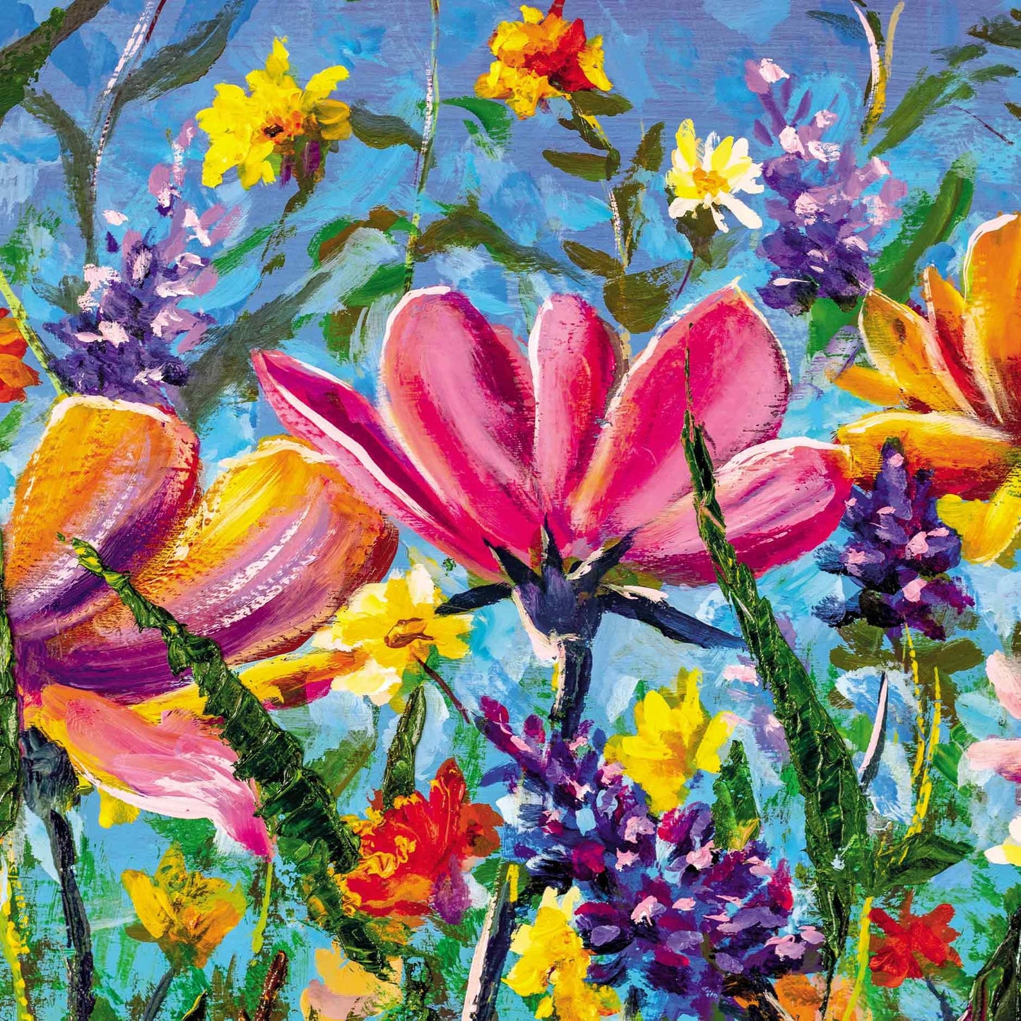 Op deze wenskaart staan bloemen in de kleuren roze, oranje, geel en paars. 