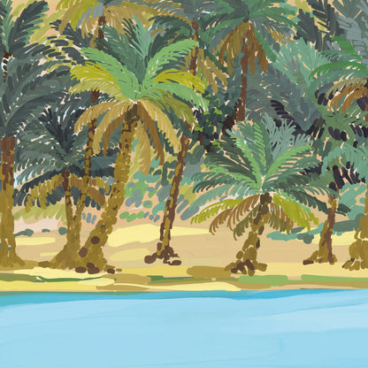 Op deze wenskaart staan palmbomen op een strand bij de zee.