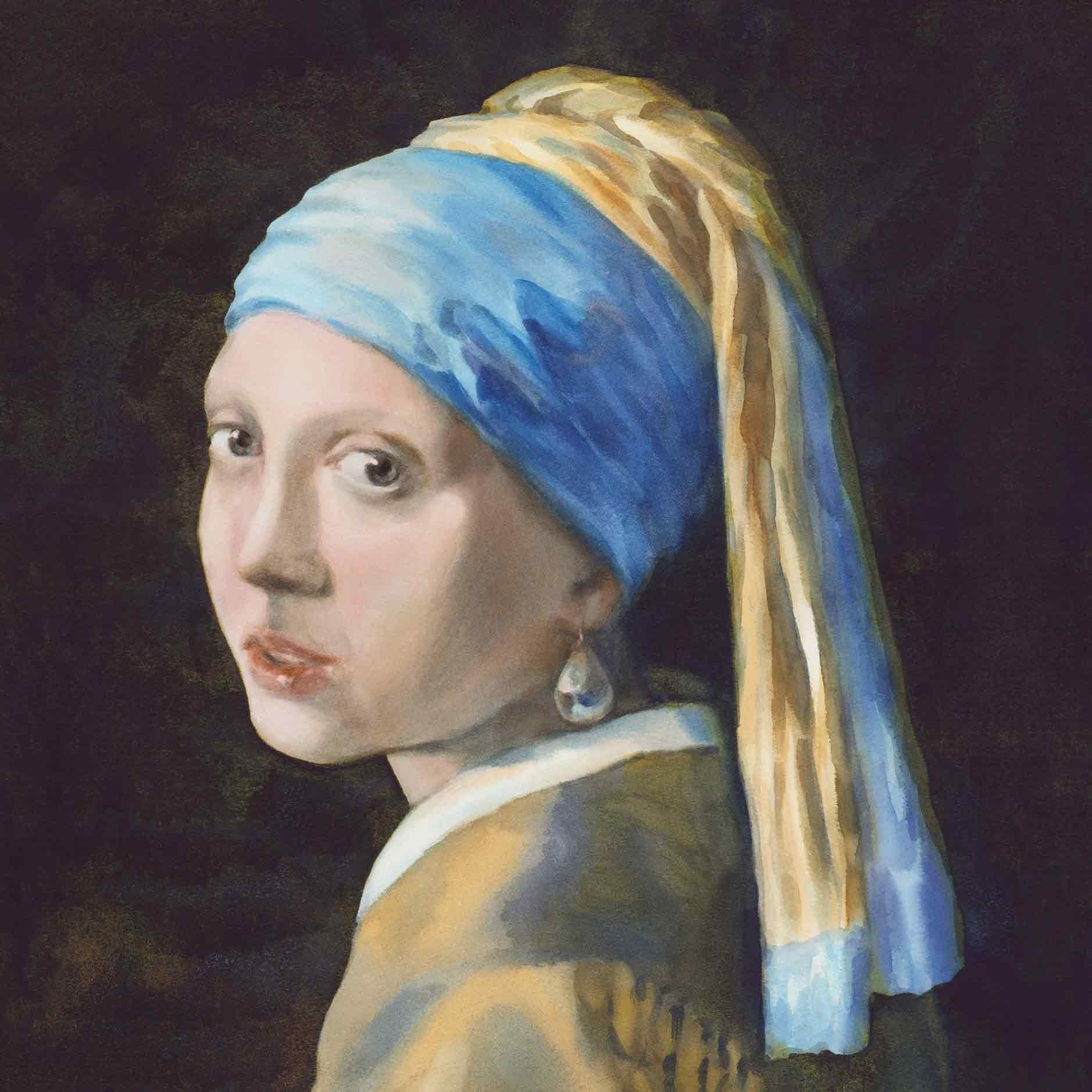 Op deze wenskaart staat het beroemde kunstwerk: "Meisje met de parel" van Johannes Vermeer.
