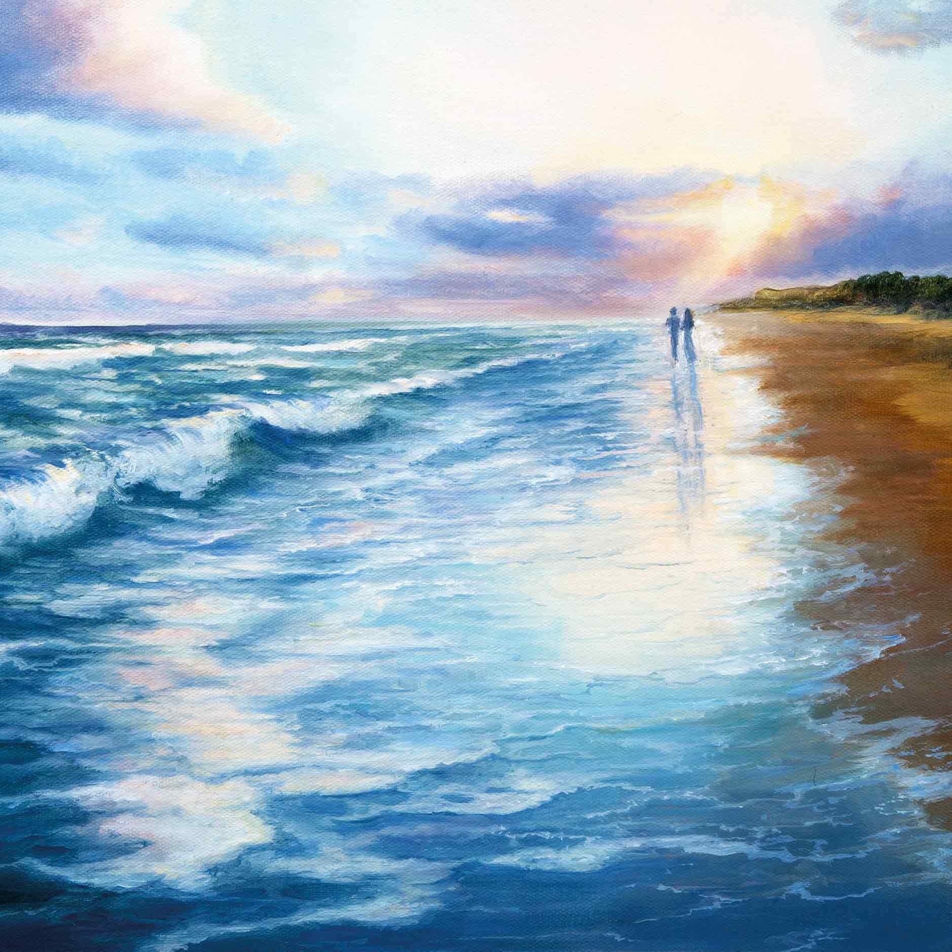 Op deze wenskaart staat de zee die overloopt op het strand.