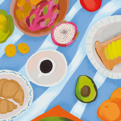 Op deze wenskaart staat een artistieke versie van een ontbijttafel met fruit, croissants en koffie.