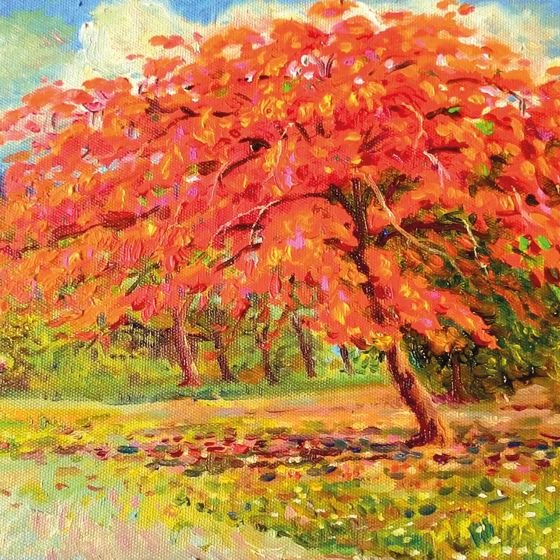 Op deze wenskaart staat een grote rode boom.