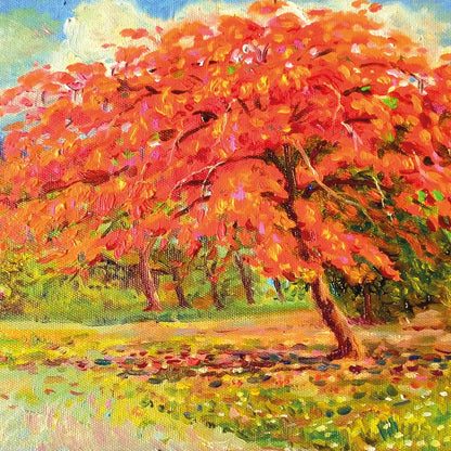 Op deze wenskaart staat een grote rode boom.