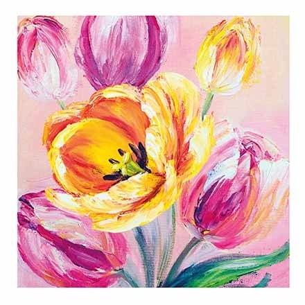 Op deze wenskaart staan bloemen in de kleuren roze en geel.