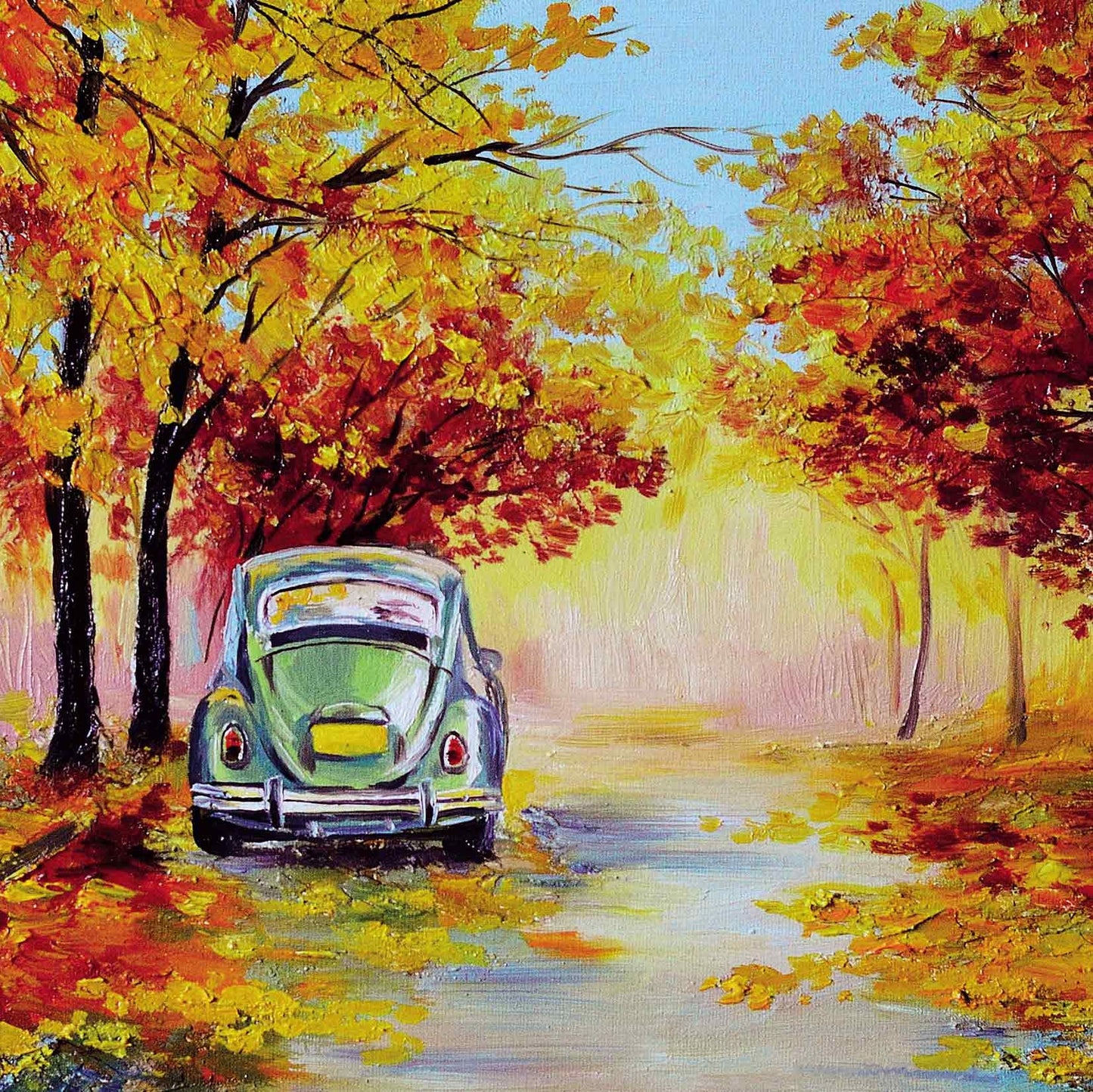 Op deze wenskaart staat een groene volkswagen kever die in een herfstig bos staat.
