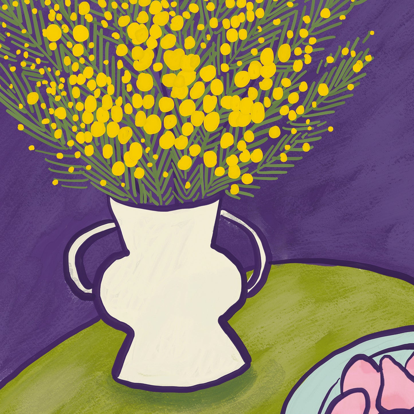 Op deze wenskaart staat een witte vaas met gele bloemen, op een tafel. 