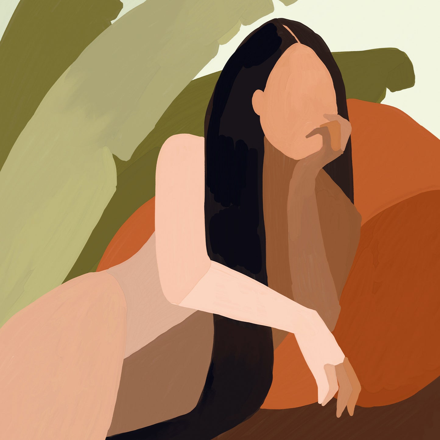 Op deze wenskaart staat een getekende vrouw die op een bank ligt. 