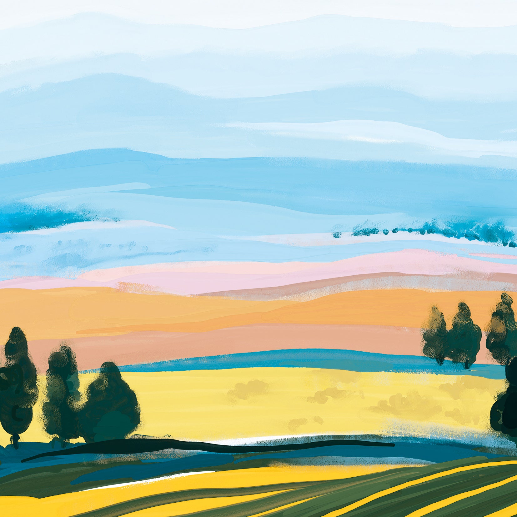 Op deze wenskaart staat een heuvel landschap in diverse kleuren, met bomen.