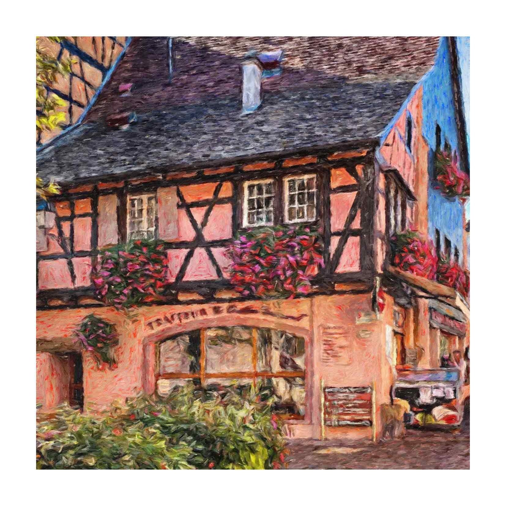 Op deze wenskaart staat een huis in de duitse stijl, met bloemen bij de ramen.