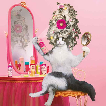 Op deze wenskaart staat een kat die op een stoel zit, achter een make-up tafel, die zijn haren aan het doen is.