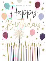 Op deze wenskaart staan kaarsjes, ballonnen en sterren met de tekst: "Happy birthday".