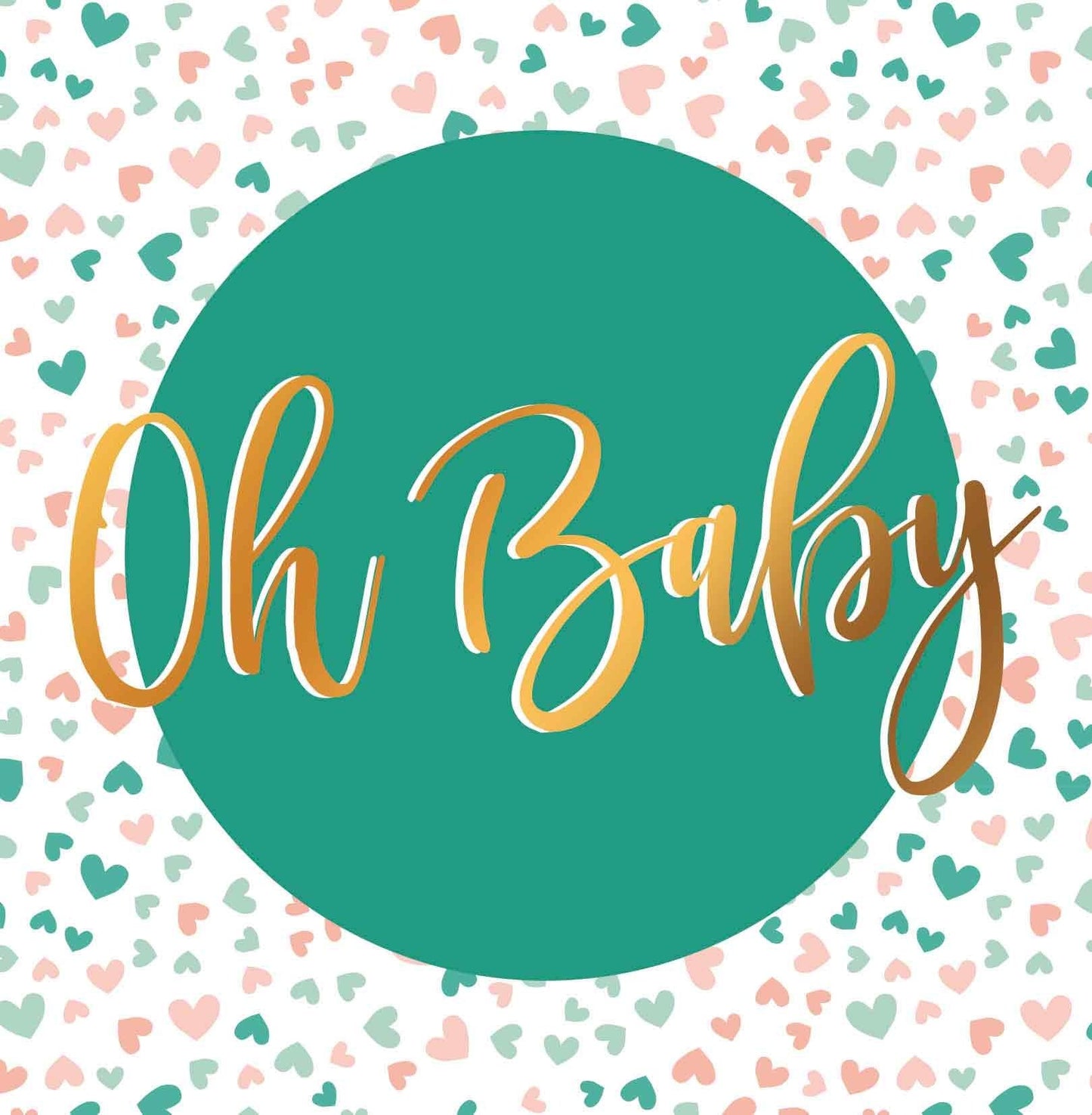 Op deze wenskaart staan witte konijntjes en hartjes met in het midden een grote blauwe cirkel met de tekst: "Hoera een zoon".