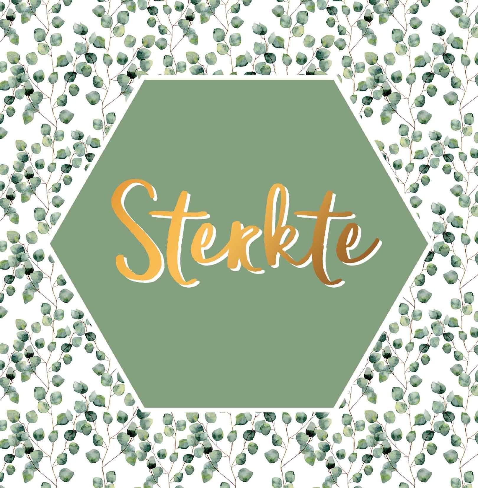 Op deze wenskaart staan groene bladeren met een groene zeshoek in het midden en de tekst: "Sterkte".