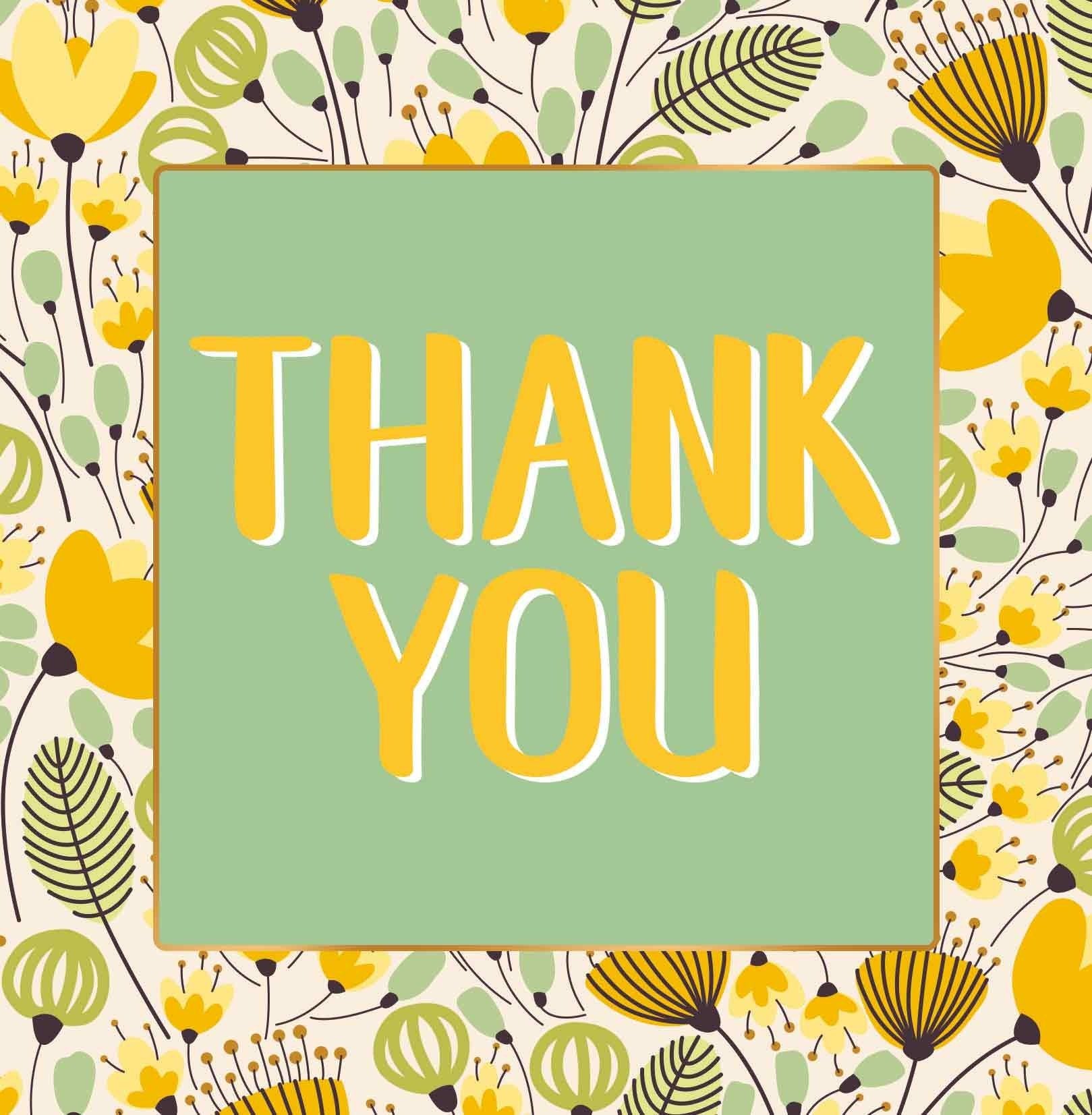Op deze wenskaart staan gele en groene bloemen met in het midden een groen vierkant met gouden omlijning en de tekst: "Thank you".