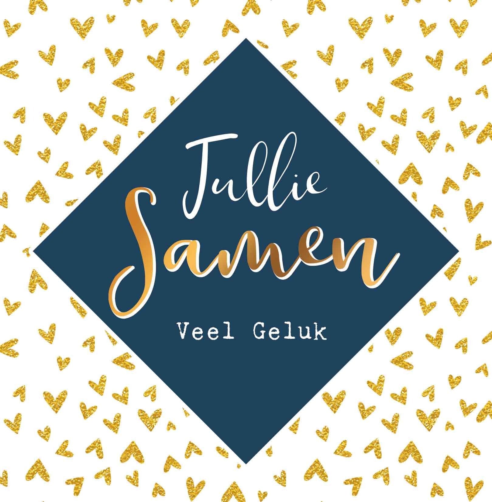 Op deze wenskaart staan gouden hartjes met in het midden een blauwe ruit en de tekst: "Jullie samen veel geluk".