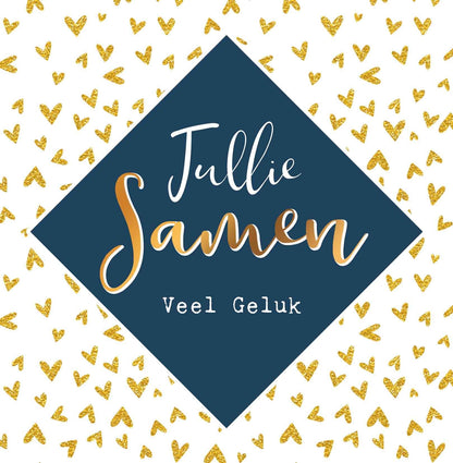Op deze wenskaart staan gouden hartjes met in het midden een blauwe ruit en de tekst: "Jullie samen veel geluk".