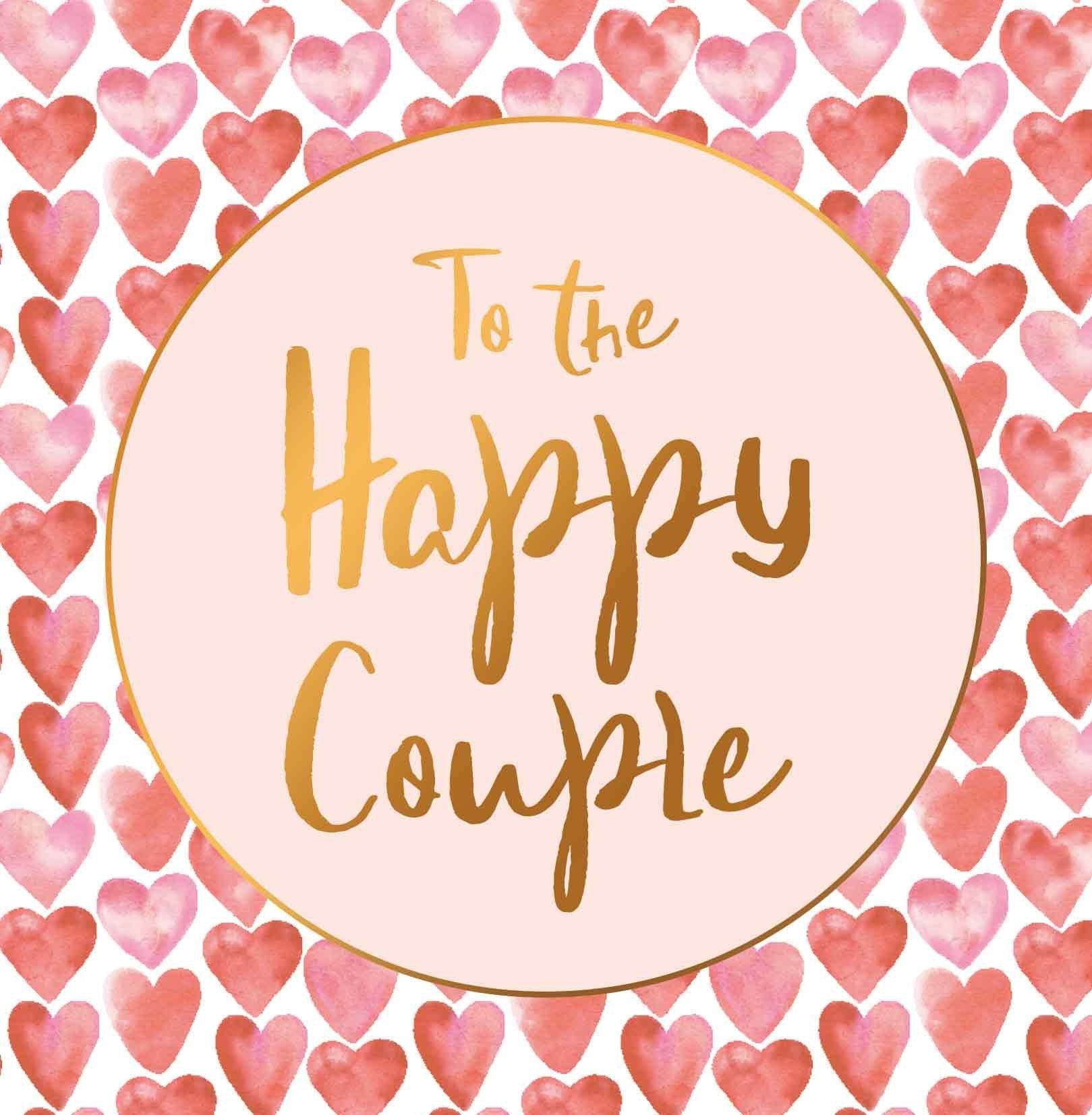 Op deze wenskaart staan hartjes met in het midden een beige cirkel met gouden omlijning en de tekst: "To the happy couple".