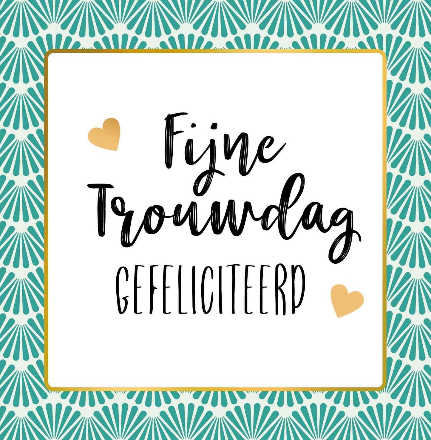 Op deze wenskaart staan blauwe lijnen in de vorm van schelpen met in het midden een wit vierkant met gouden omlijning en de tekst: "Fijne trouwdag gefeliciteerd".
