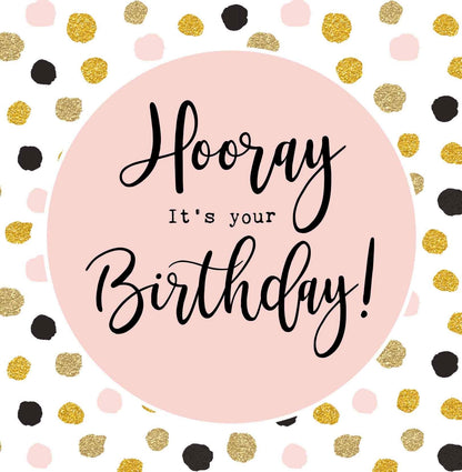 Op deze wenskaart staan stippen in diverse kleuren met in het midden een roze cirkel met de tekst: "Hooray it's your birthday!".