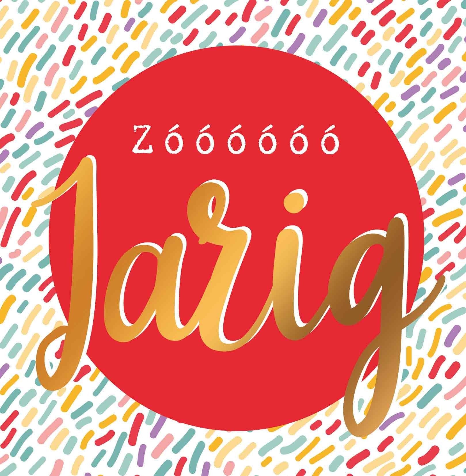 Op deze wenskaart staat confetti in diverse kleuren met in het midden een rode cirkel met de tekst: "Zóóóóóó jarig".