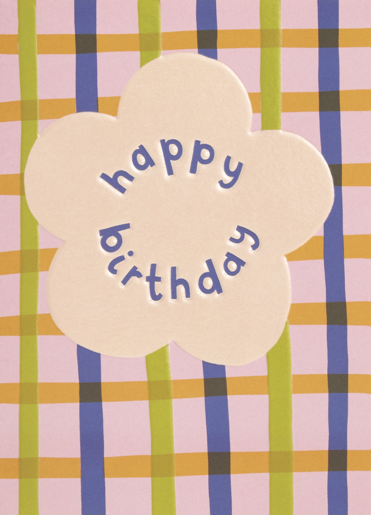 Op deze wenskaart staat lijnen in de kleuren oranje, geel, groen en blauw met een beige bloem en de tekst: "Happy birthday".