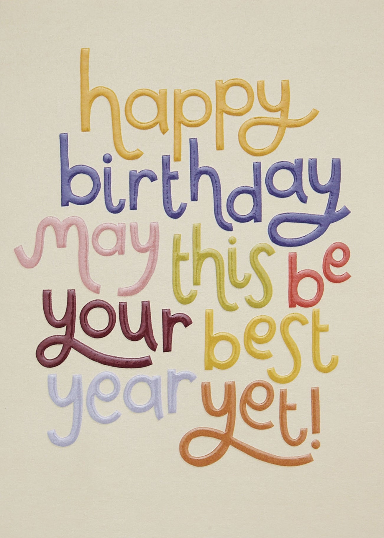 Op deze wenskaart staat de tekst: "Happy birthday may this be your best year yet!".