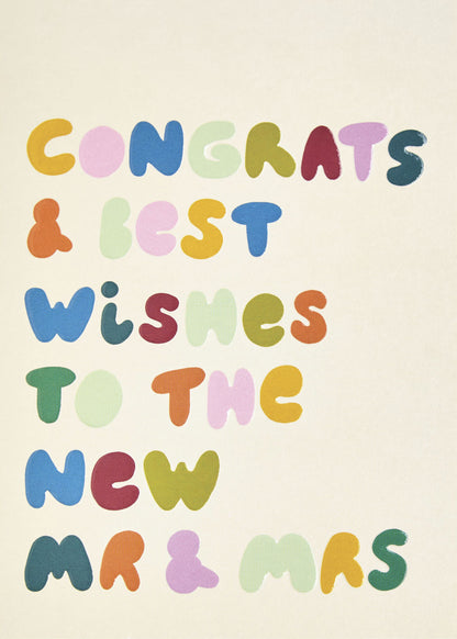 Op deze wenskaart staat de tekst: "Congrats & best wishes to the new mr & mrs".