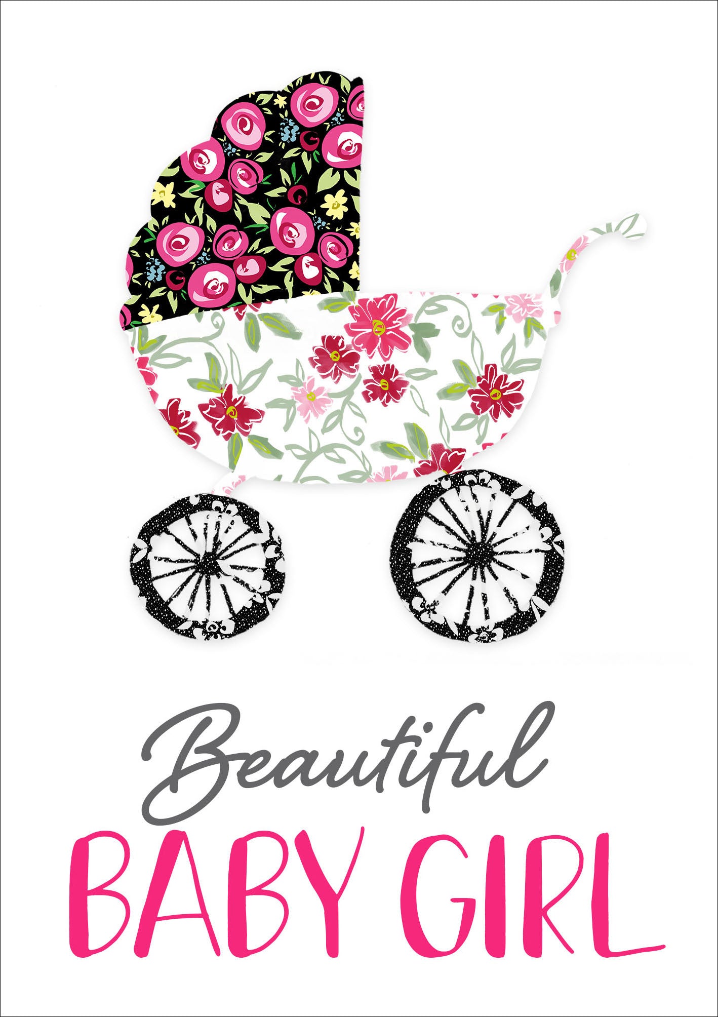 Op deze wenskaart staat een kinderwagen met daaronder de tekst: "Beautiful baby girl".