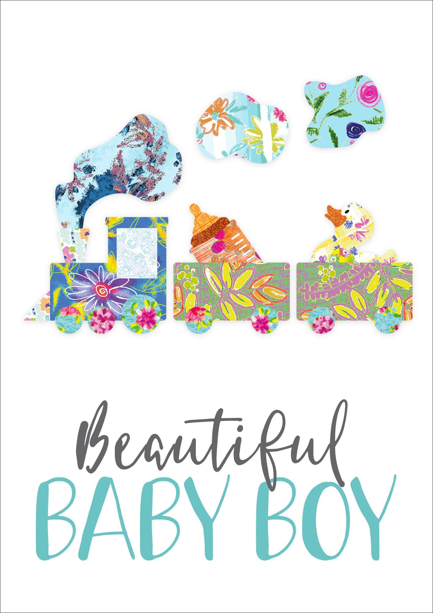 Op deze wenskaart staat een speelgoed trein met daaronder de tekst: "Beautiful baby boy".