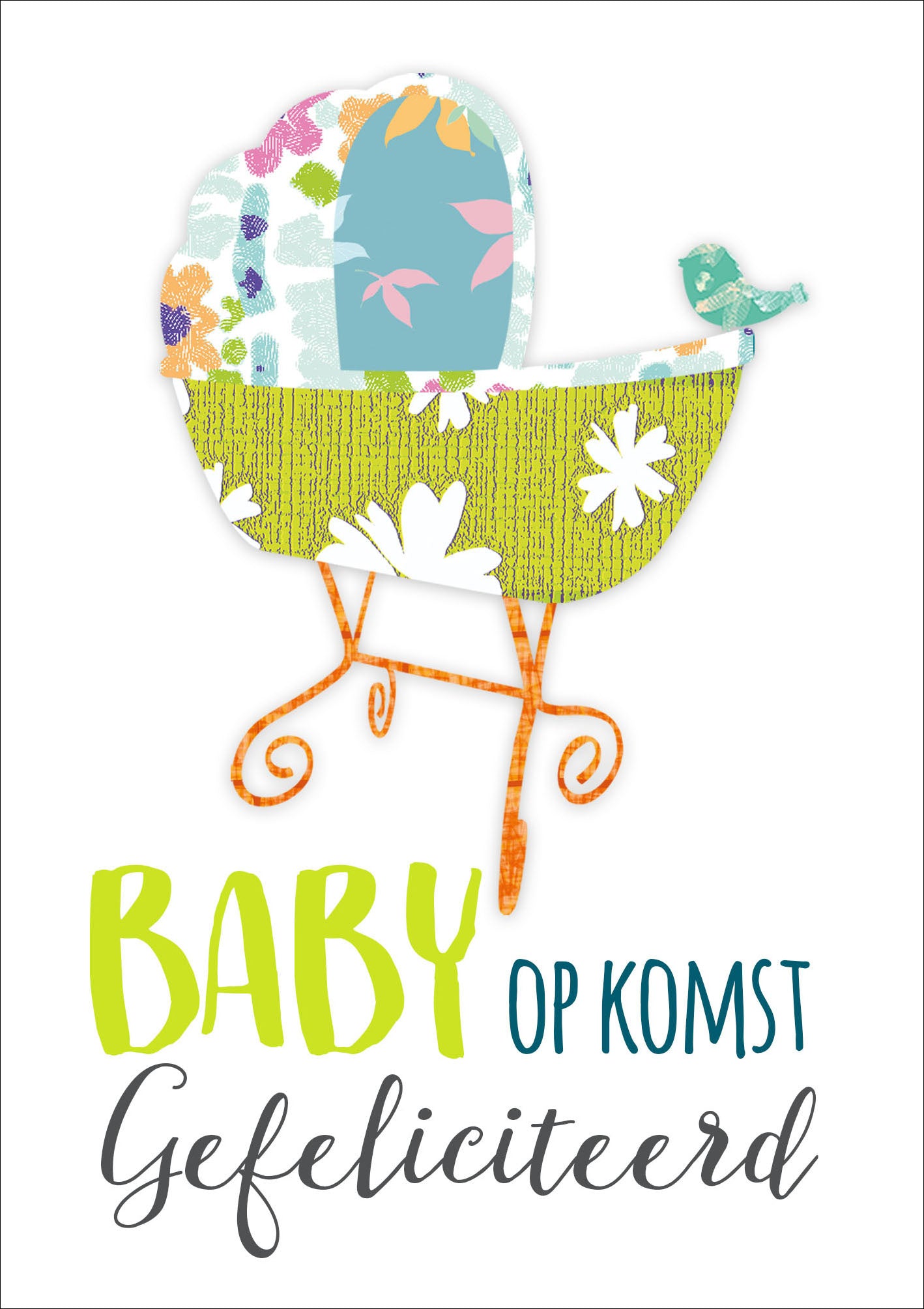 Op deze wenskaart staat een babywiegje met daaronder de tekst: "Baby op komst gefeliciteerd".