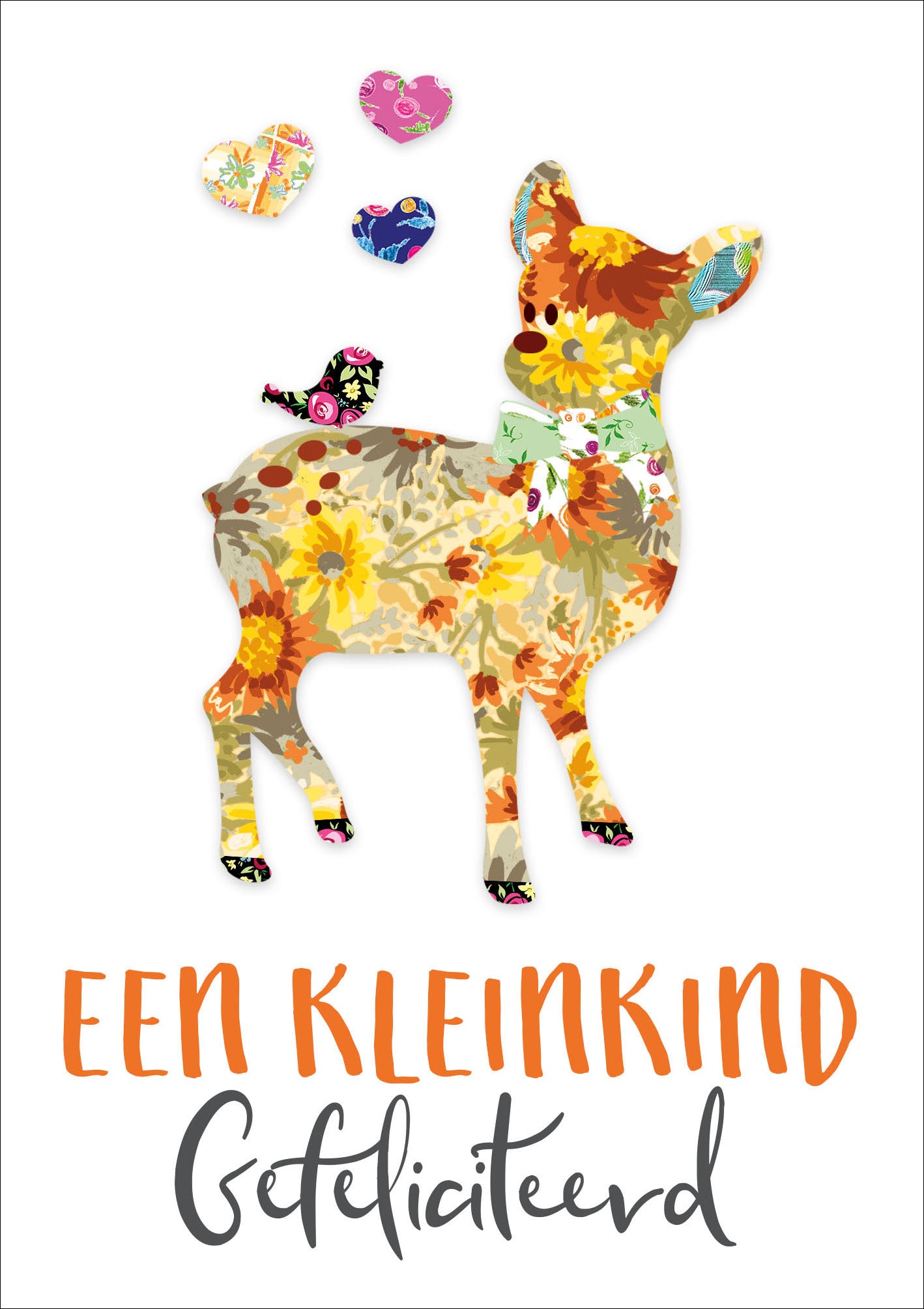 Op deze wenskaart staat een hartje en een vogeltje met daaronder de tekst: "Een kleinkind gefeliciteerd".