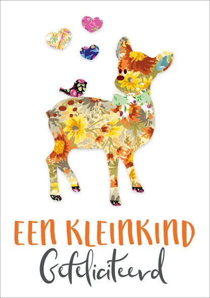Op deze wenskaart staat een hartje en een vogeltje met daaronder de tekst: "Een kleinkind gefeliciteerd".