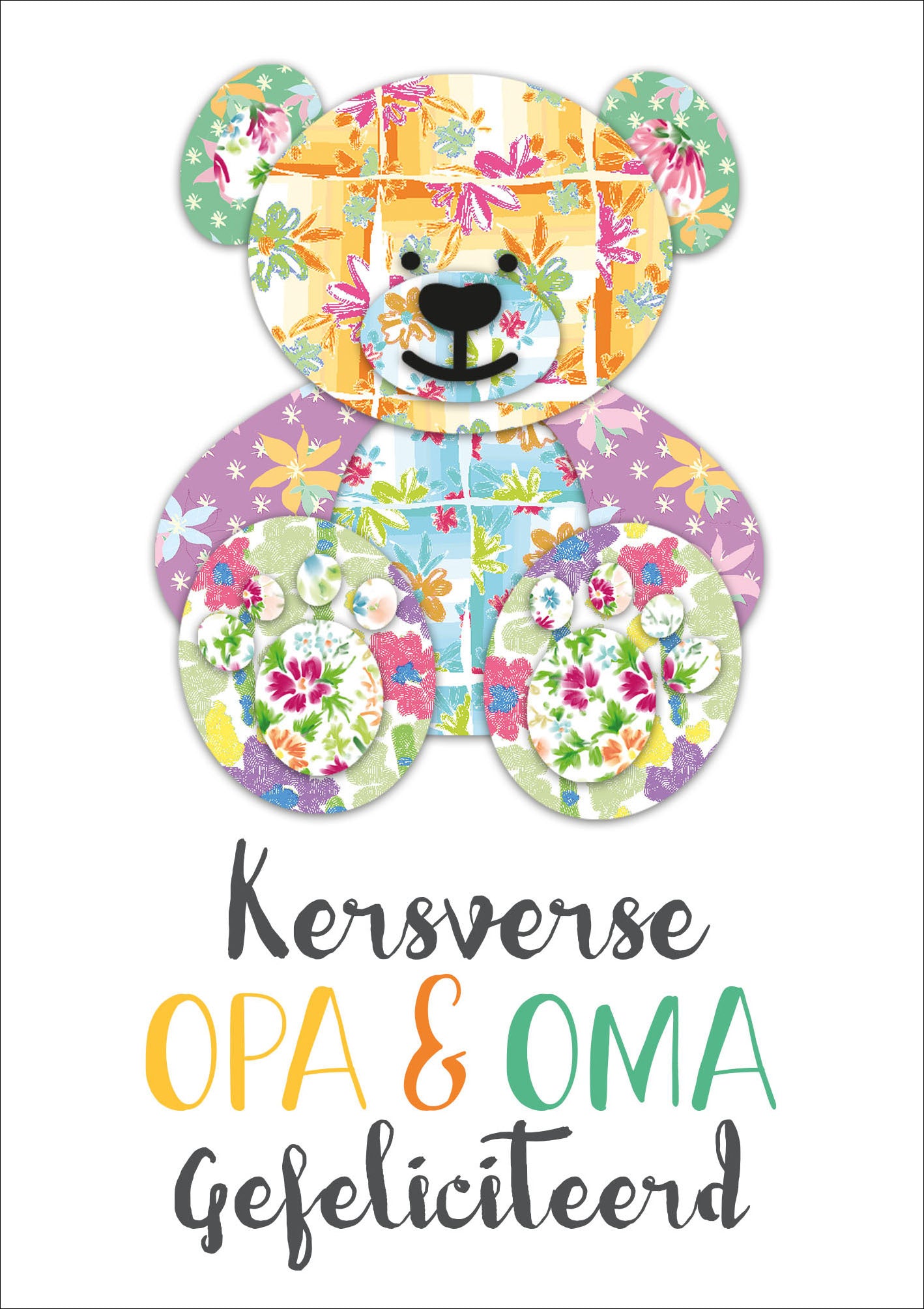 Op deze wenskaart staat een beertje met daaronder de tekst: "Kersverse opa & oma gefeliciteerd".