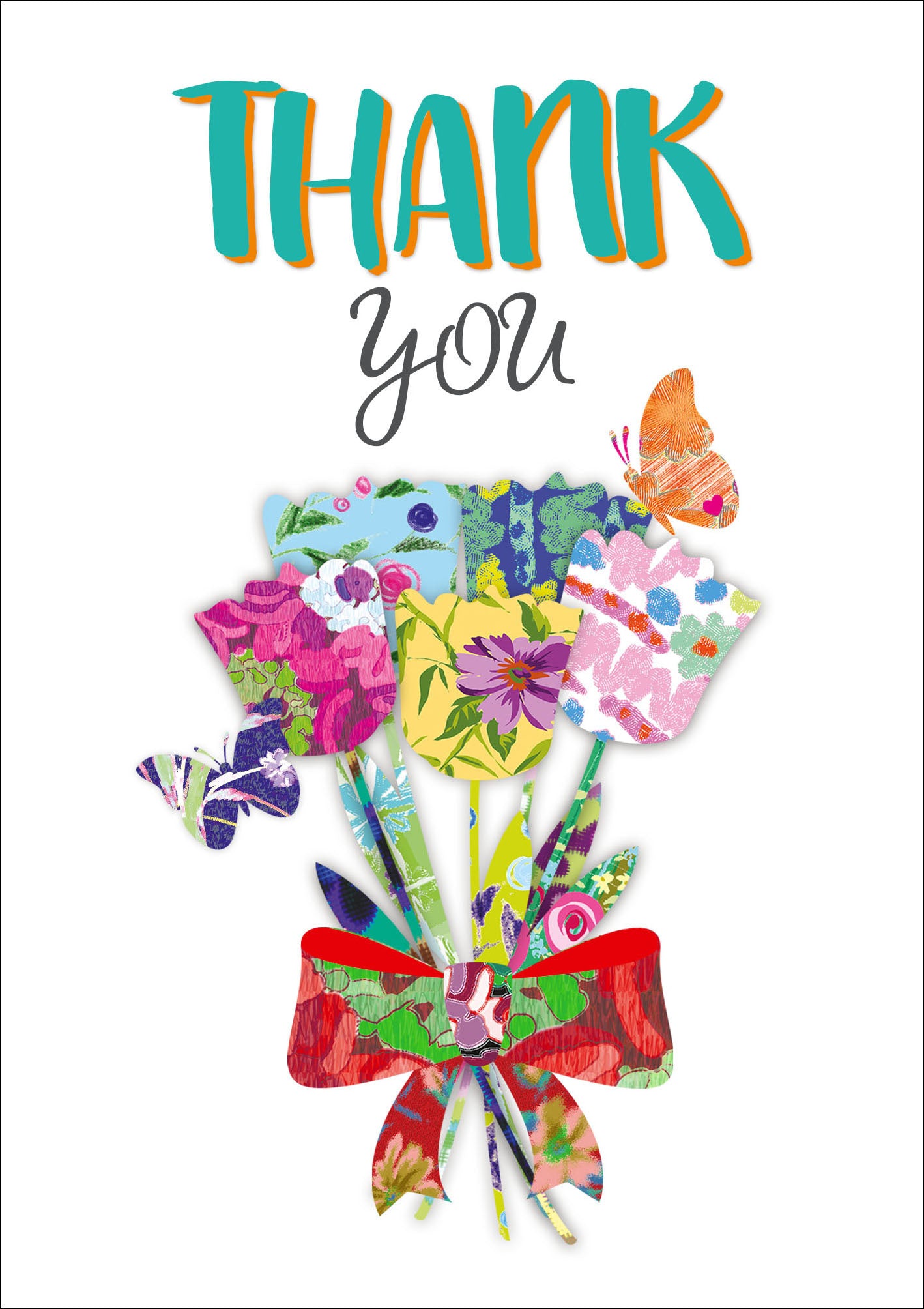 Op deze wenskaart staat een boeket bloemen met daarboven de tekst: "Thank you".