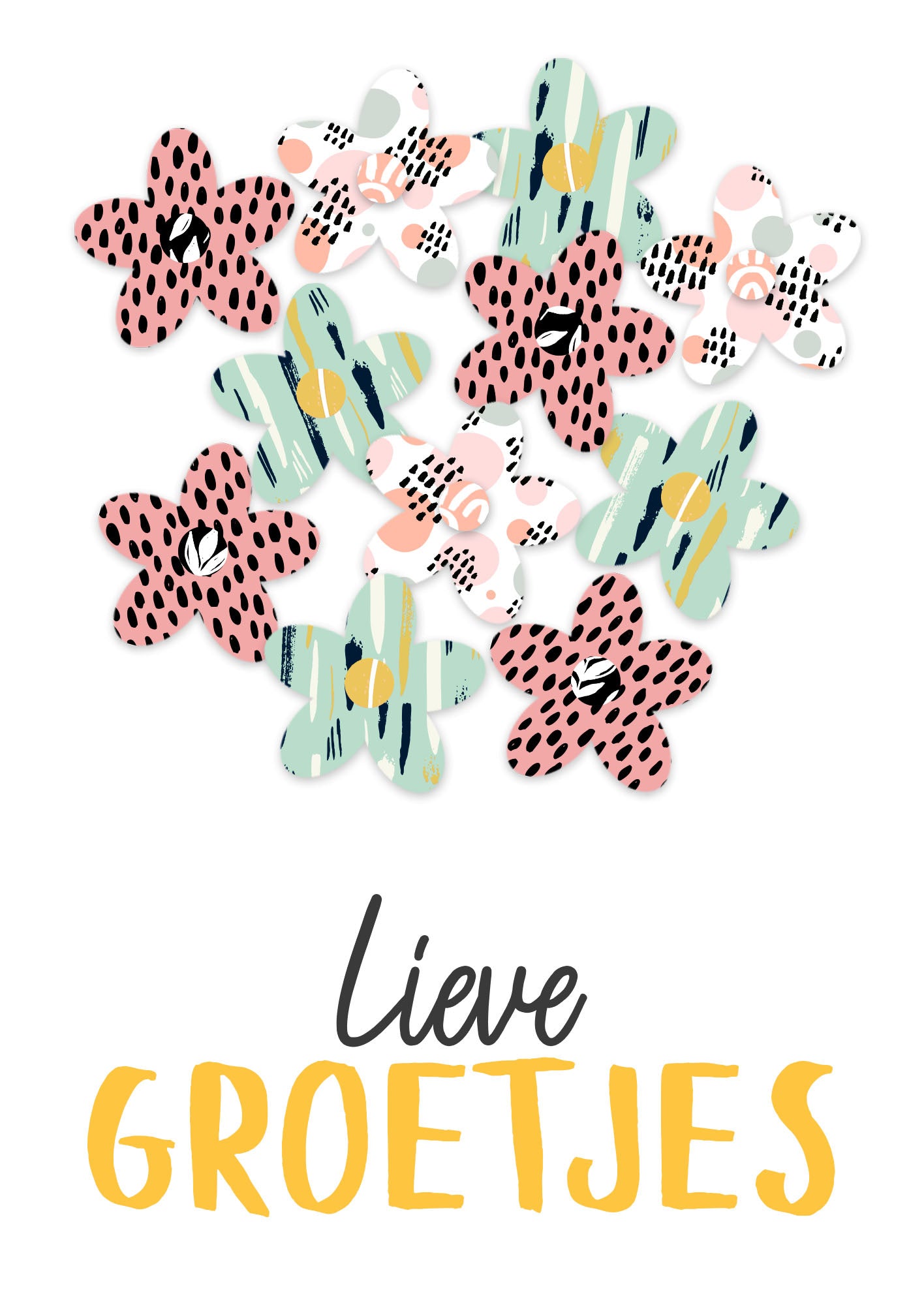 Op deze wenskaart staan bloemen in diverse kleuren met daaronder de tekst: "Lieve groetjes". 