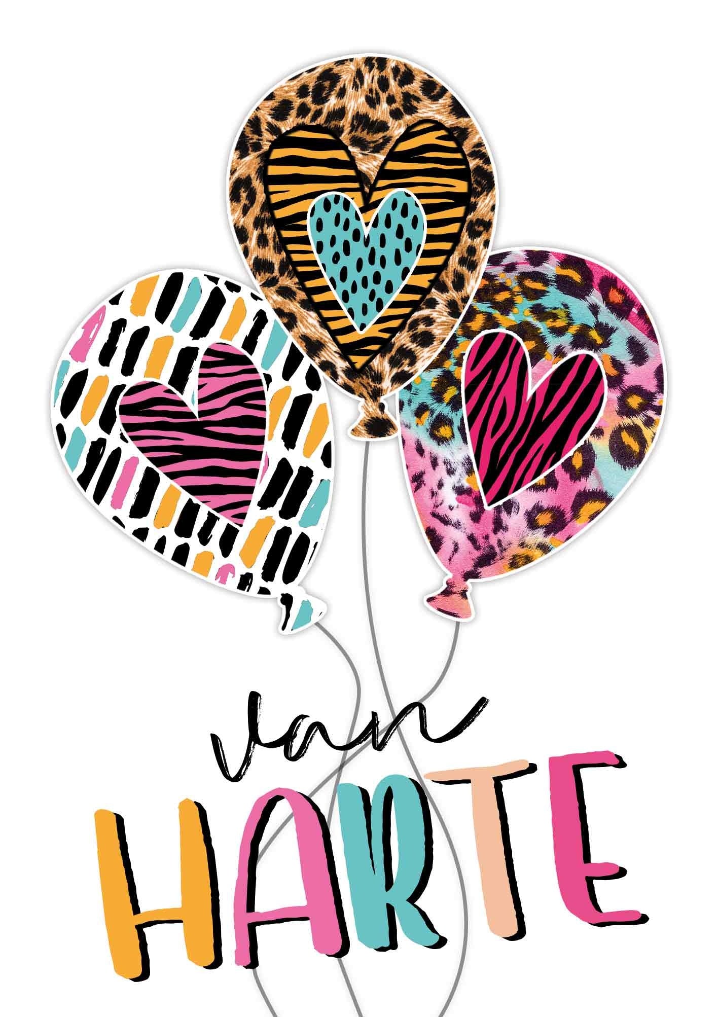 Op deze wenskaart staan drie ballonnen met daaronder de tekst: "Van harte".
