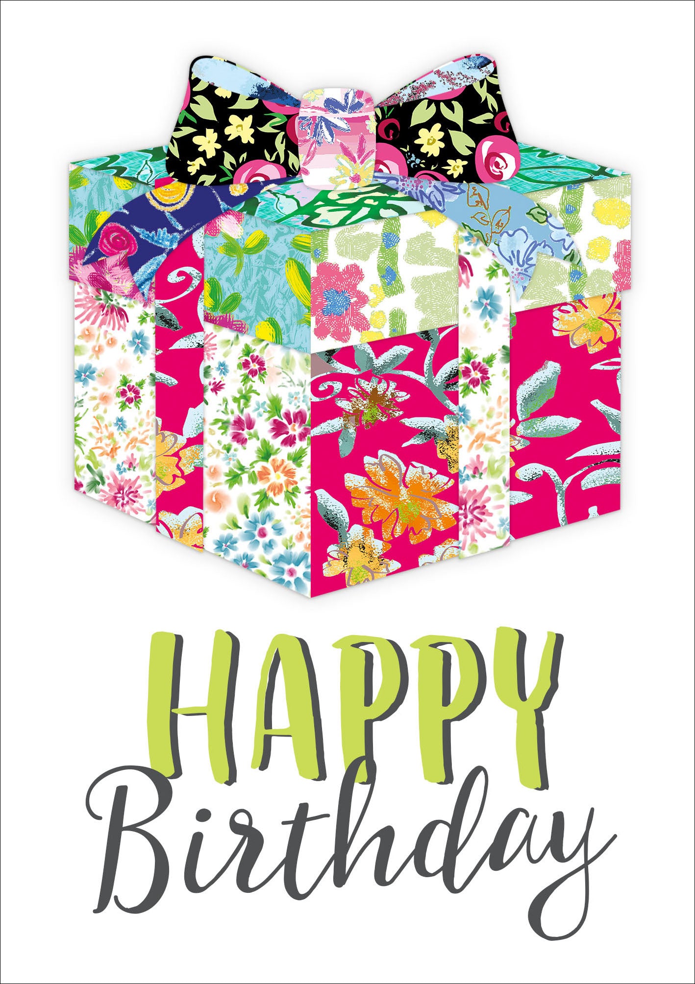 Op deze wenskaart staat een groot cadeau met daaronder de tekst: "Happy birthday".