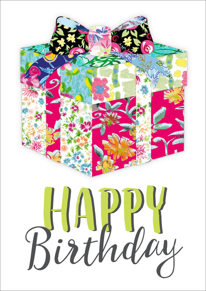 Op deze wenskaart staat een groot cadeau met daaronder de tekst: "Happy birthday".
