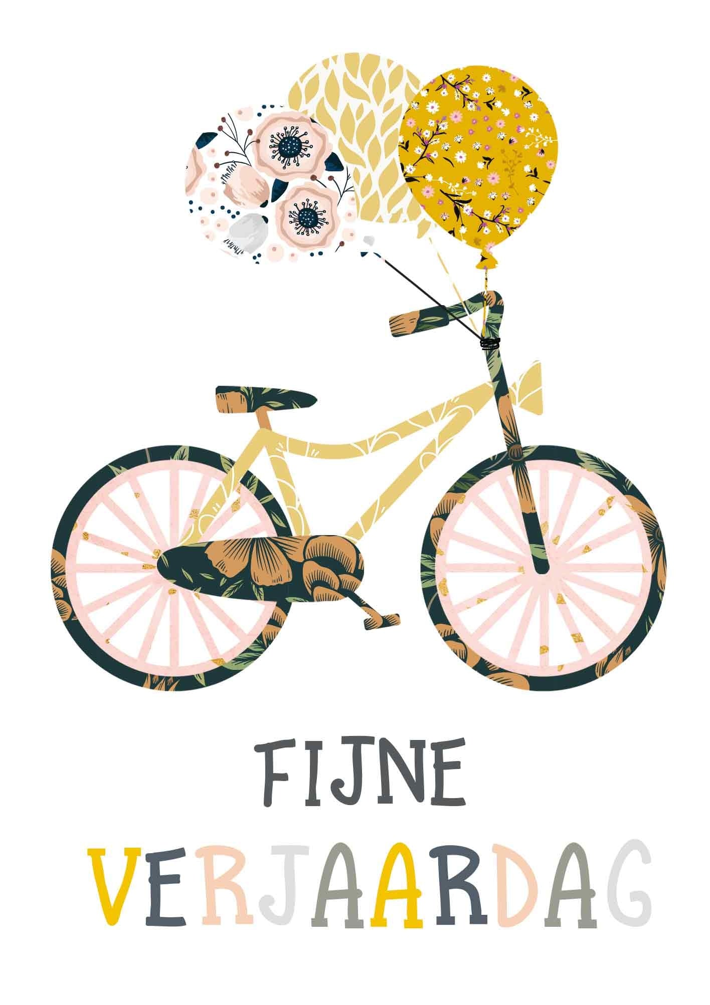 Op deze wenskaart staat een fiets met ballonnen en daaronder de tekst: "Fijne verjaardag".