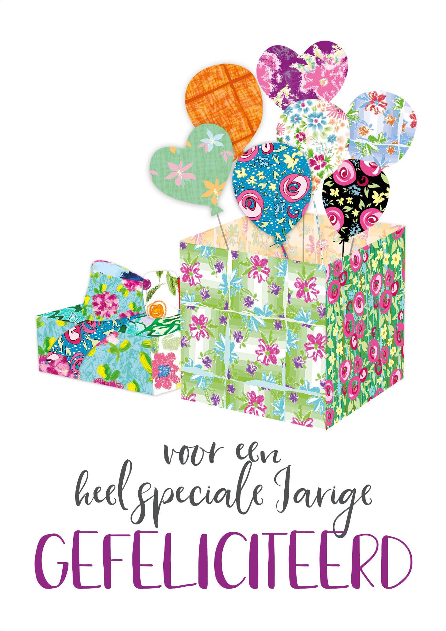 Op deze wenskaart staat een cadeau waar ballonnen uit komen en daaronder de tekst: "Voor een heel speciale jarige gefeliciteerd".