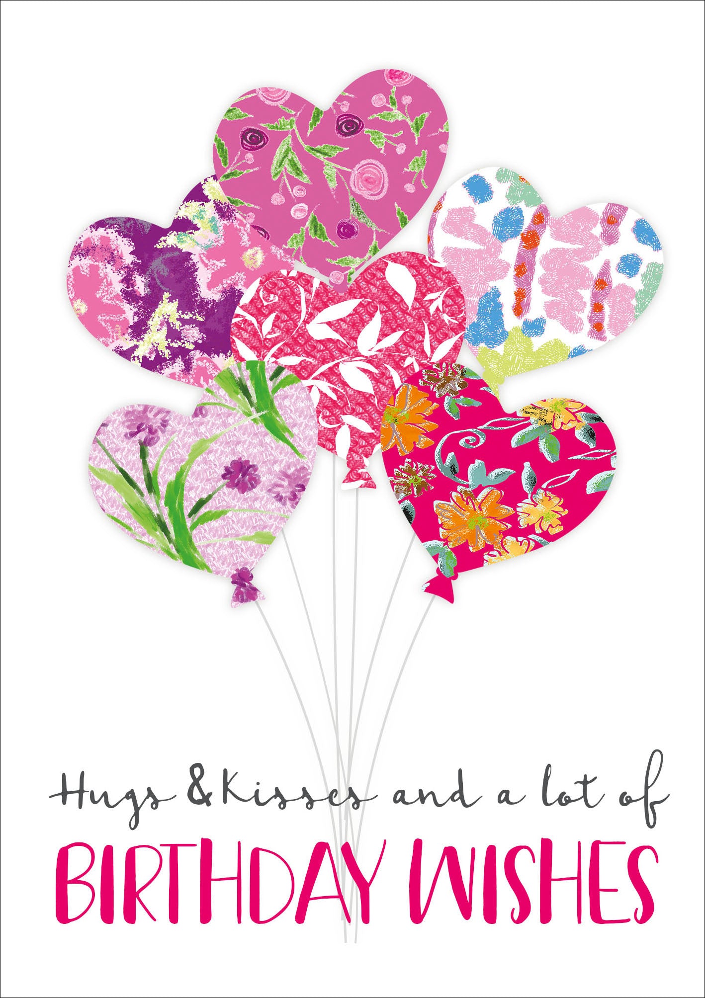 Op deze wenskaart staan hartjesballonnen met daaronder de tekst: "Hugs & kisses and a lot of birthday wishes".