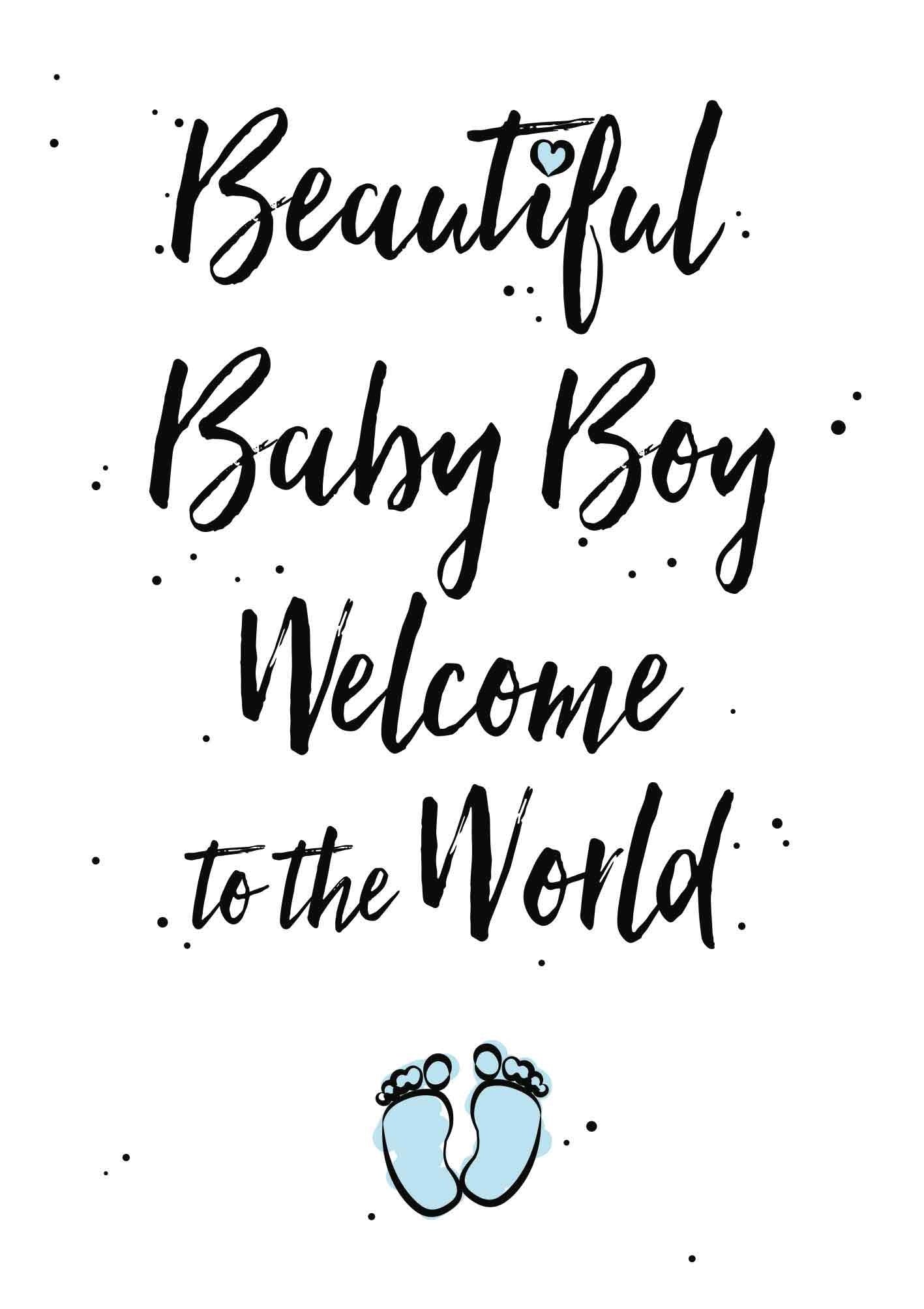Op deze wenskaart staat de tekst: "Beautiful baby boy welcome to the world" met babyvoetjes eronder.